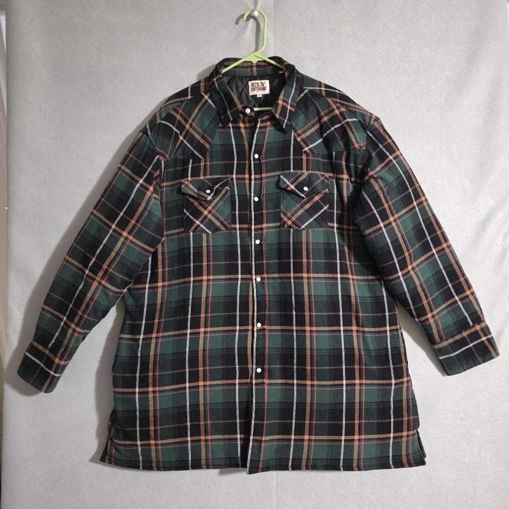 Ely Cattleman Mens Western Plaid Quilted Flannel Shacket Snap Button Size XXL